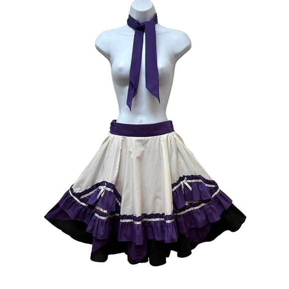 Vintage Square Dance Costume Purple Circle Skirt & Apron Scarf Rockabilly Size S